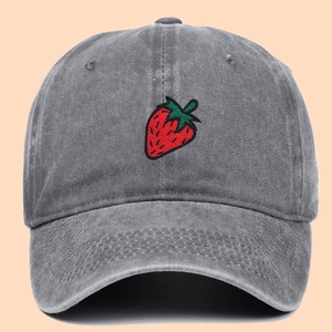 Classic washed cotton baseball cap in grey with detailed strawberry embroidery on front