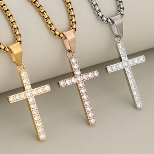 Minimalist cross necklaces in gold, rose gold, and silver with zircon insets on box chains