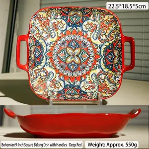 Bohemian Ceramic Baking Dish Square Double Ear Dinner Plate Vintage Mandala Floral Pattern Kitchen Tableware Serving Plate