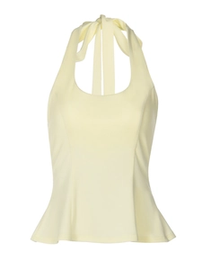 Pale yellow halter neck top with slim fit waist and ruffle hem design on white background