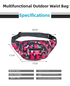 Macro detail of camouflage waist bag with nylon texture and three-pocket storage design