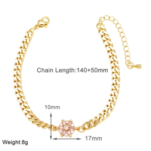 Detail showing dimensions of gold-plated flower bracelet with pink and white cubic zirconia