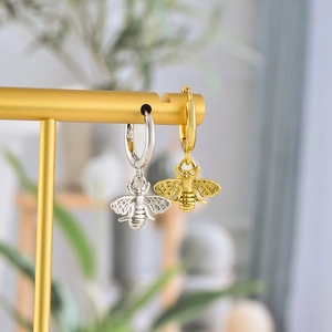 S925 sterling silver honey bee hoop earrings in gold and silver finish for women