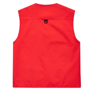 Rear view of red outdoor vest showing durable synthetic fabric and D-ring hook detail