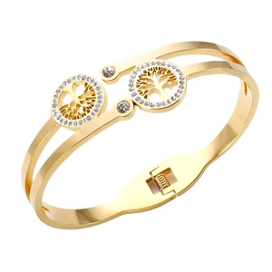 Polished gold Tree of Life stainless steel cuff bracelet with crystal accents for women