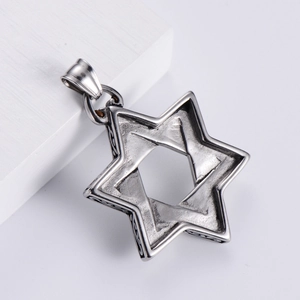 Vintage silver 304 stainless steel Star of David pendant with retro engraved patterns