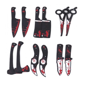 12-piece Halloween acrylic horror pendants set featuring bloodstained knife and axe designs