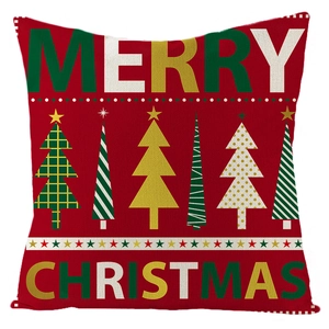 Linen Christmas pillowcase featuring red background with festive trees and Merry Christmas text