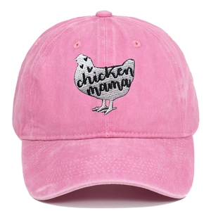 Detailed view of pink washed cotton baseball cap with chicken mama embroidery