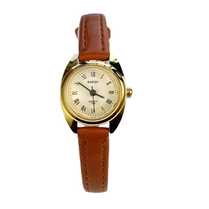 Classic women's quartz watch with beige dial, roman numerals and brown leather strap