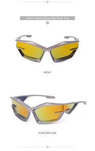 Macro view of futurist light gold Y2K sunglasses with gold red gradient mirror lenses