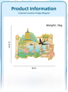 Detail of Hangzhou West Lake souvenir magnet showing zinc alloy texture and size dimensions