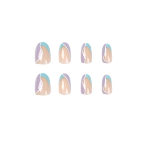 Minimalist oval press-on nails with blue and purple geometric patchwork design