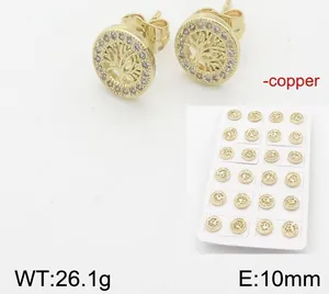 Detail of 10mm 18k gold plated Tree of Life earrings with cubic zirconia halo stones