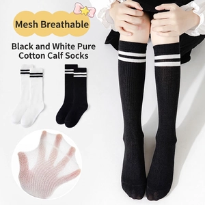 Mesh breathable cotton knee high socks for girls featuring classic stripes in black and white