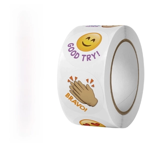 Roll of 500 reward stickers with 8 emoji designs and encouraging words for kids