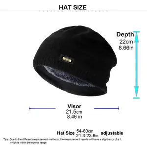 Size guide for winter fleece-lined knit beanie showing adjustable circumference and depth