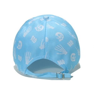 Detail view of the light blue baseball cap featuring an adjustable metal back buckle strap