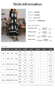 Detaillierte Größentabelle und Materialangaben für dieses böhmische Neckholder-Maxikleid