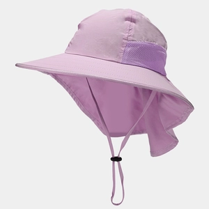 Detail view of purple sun hat showing breathable mesh and protective neck flap