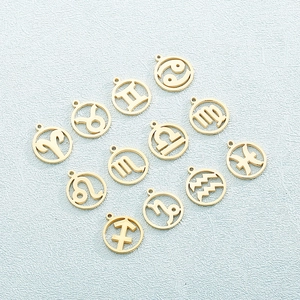 Stainless Steel Zodiac Charms Round Hollowed Out Constellation Pendants For DIY Jewelry Making Necklace