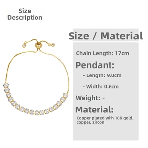 Detailed view of adjustable 18K gold plated copper bracelet with sparkling oval zircons