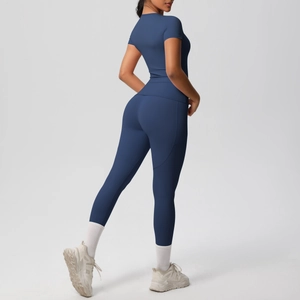 Rear view of navy blue high-elastic yoga set with slim-fit short sleeve top and leggings
