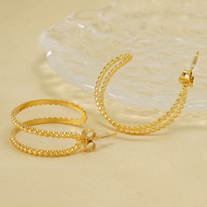 18K gold plated titanium steel C-shaped stud earrings with double row bead design