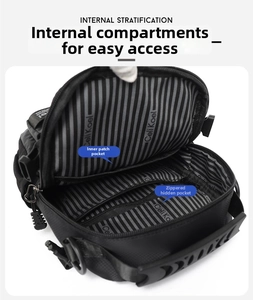 Detail of crossbody bag interior with striped lining, zip pocket and open slot