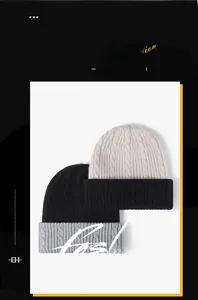 Detail of chunky cable knit texture on contrast color beanies for winter season