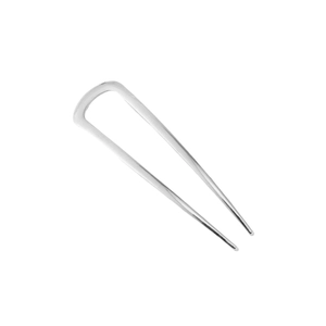 Close-up of a minimalist U-shaped silver metal hair pin with a smooth polished finish