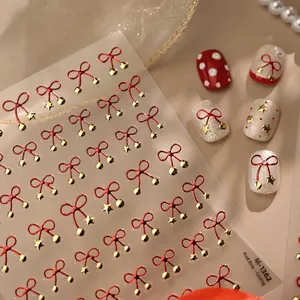 Red bow nail stickers with gold stamping stars for festive American college style