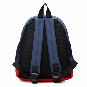 Blue and red dinosaur children backpack with breathable black mesh straps for preschoolers