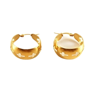 Minimalist gold titanium steel hoop earrings with hollow cross patterns on white background