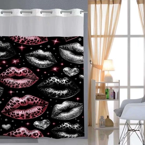 Detail view of waffle print shower curtain with leopard lip patterns and metal rings