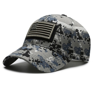 Tactical camouflage baseball cap with USA flag velcro patch in gray blue tones