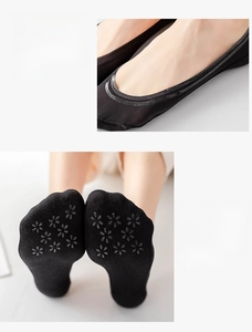 Detail of black no-show socks with double silicone heel grips and floral anti-slip sole