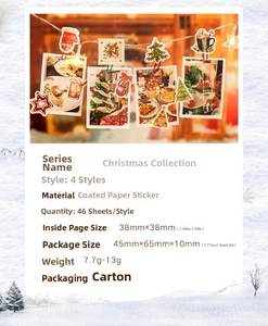 Gros plan de 46 autocollants de Noël avec illustrations et spécifications du produit