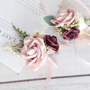 Pink and burgundy wedding wrist corsage set with gold leaves and satin ribbons