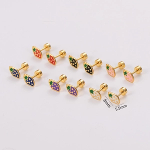 Set of 6 pairs colorful strawberry stud earrings in gold-plated metal with enamel finish