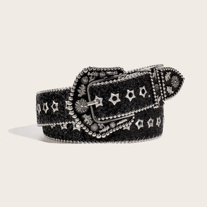 Vintage black sequin belt for women with silver star rivets and floral engraved buckle