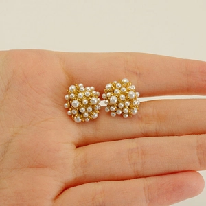 Vintage 18k gold plated sun flower pearl stud earrings with a French Hepburn style