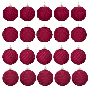 Set of 20 burgundy velvet flocked Christmas balls with assorted textured patterns for tree decor