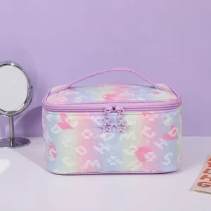 Portable gradient mesh makeup bag with heart pattern and dual zipper closure