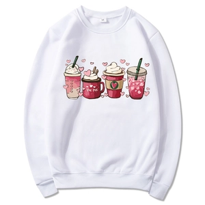 Detail of Valentine's white sweatshirt with pink heart cartoon prints and True Love text