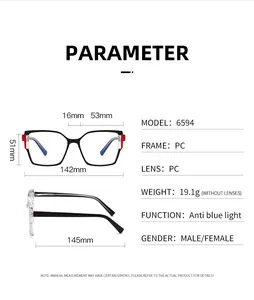 Tabella parametri dettagliata per occhiali anti luce blu con dimensioni della montatura