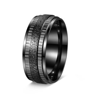 Detail view of black stainless steel ring with polished edges and matte meteorite texture