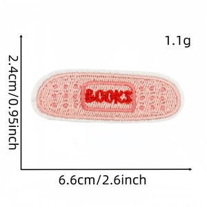 Detail view of a pink bookish adhesive patch showing dimensions 6.6x2.4cm and weight 1.1g