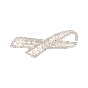 Silver hollow cross bow hair clip with white faux pearls and clear rhinestones