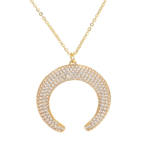 Elegant gold crescent moon necklace with sparkling white zircon stones on white background
